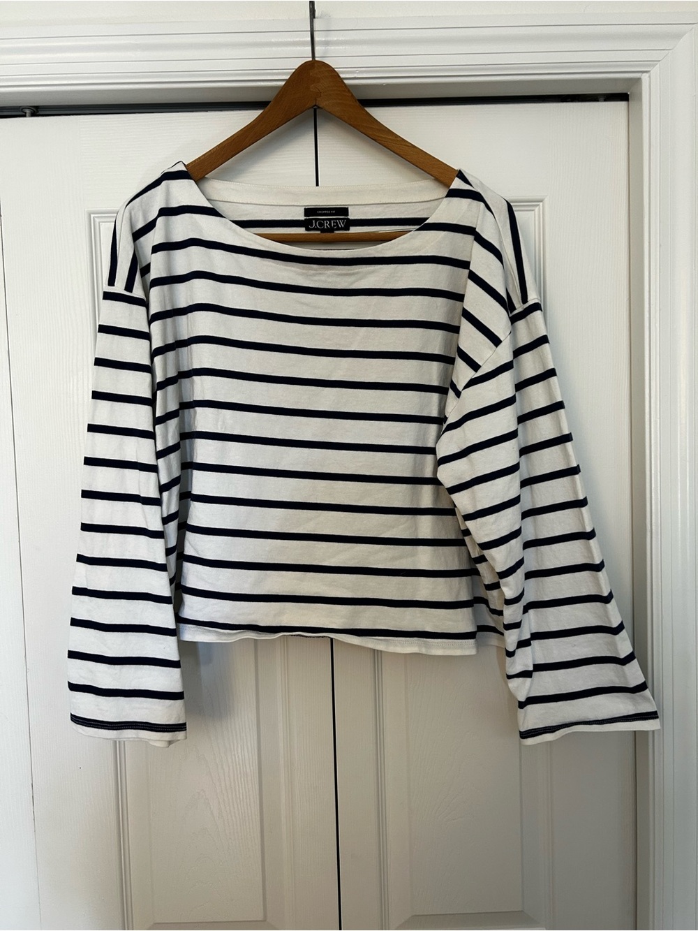 J. Crew White Navy Striped Long Sleeve Boxy Cropped Boatneck Top